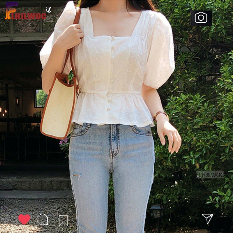 تطريز لطيف شيك بلايز الصيف النساء الساخن كوريا اليابان نمط تصميم الخصر النحيف زر أبيض قميص بلوزة Flhjlwoc خمر