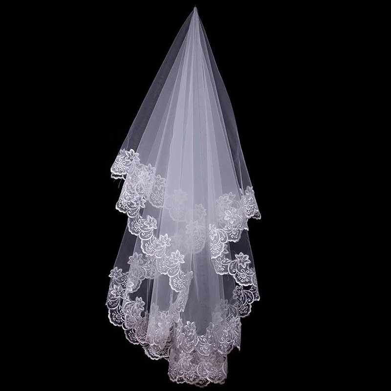 أبيض عاجي كاتدرائية الحجاب الزفاف قصيرة طبقة واحدة الحجاب الزفاف زين الدانتيل حافة لا مشط اكسسوارات الزفاف