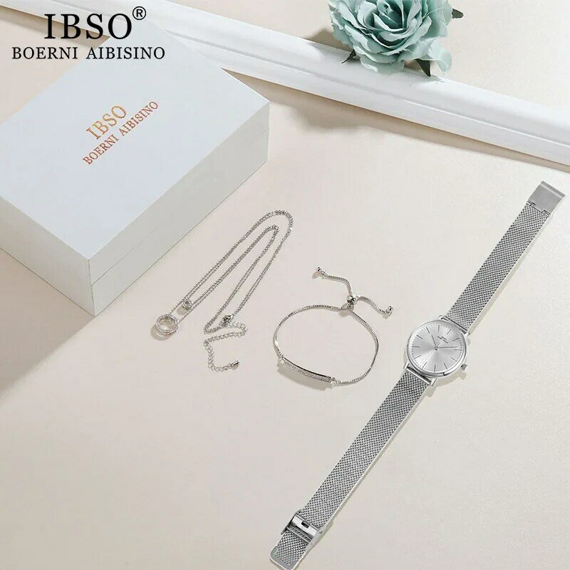 IBSO المرأة كوارتز ساعة مجموعة كريستال تصميم سوار قلادة ساعة مجموعات الإناث مجوهرات موضة الفضة الفاخرة ساعة سيدة هدية