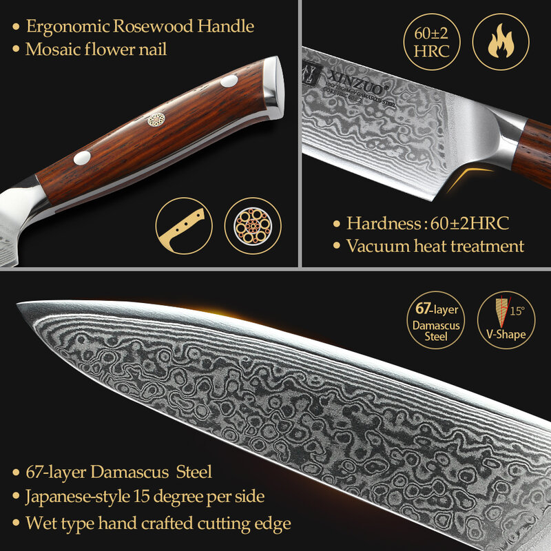XINZUO 5 ''بوصة فائدة السكاكين اليابانية دمشق الصلب سكين المطبخ روزوود مقبض مبيعا سكين صغير الفاكهة كوك السكاكين