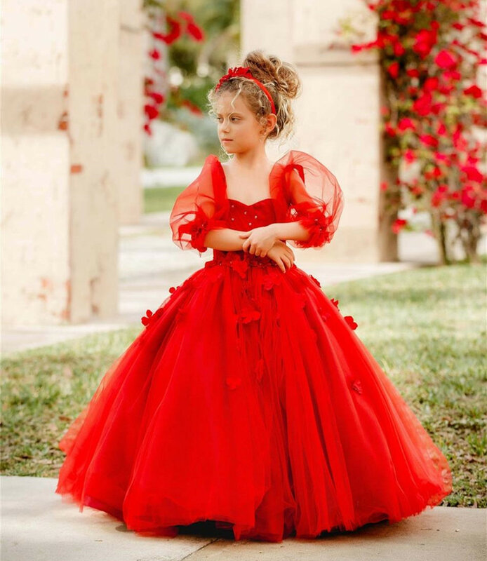 فستان زهرة تول أحمر للفتيات ، حفل زفاف ، فساتين عيد ميلاد ، نصف كم ، مطرز 3d-زين ، مسابقة ، ملابس مأدبة خاصة