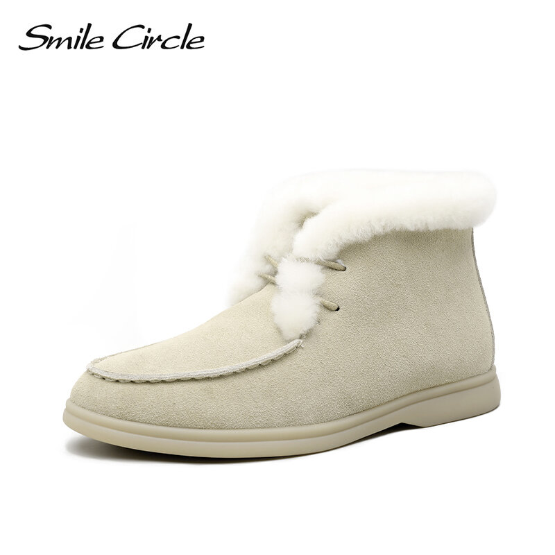 ابتسامة دائرة النساء الثلوج الأحذية الفراء الطبيعي جلد طبيعي حذاء من الجلد الشتاء مريحة الصوف شقة أحذية حريمي برقبة