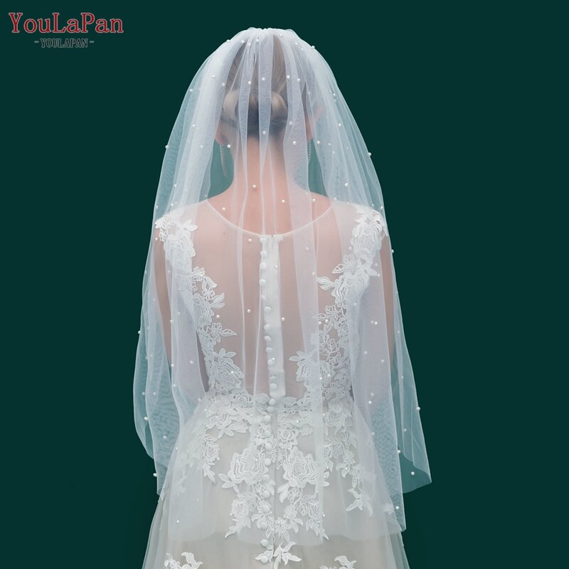 YouLaPan V05 فاخر ثوب حريري للزفاف الحجاب طرحة زفاف اللؤلؤ مع مشط الشعر 1 الطبقة طرحة زفاف طويلة طرحة زفاف الكاتدرائية