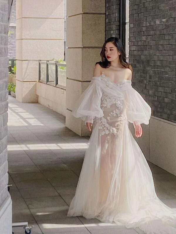 فستان زفاف مثير من الدانتيل ، غمد ، أكمام منتفخة ، لون الشمبانيا ، 2021