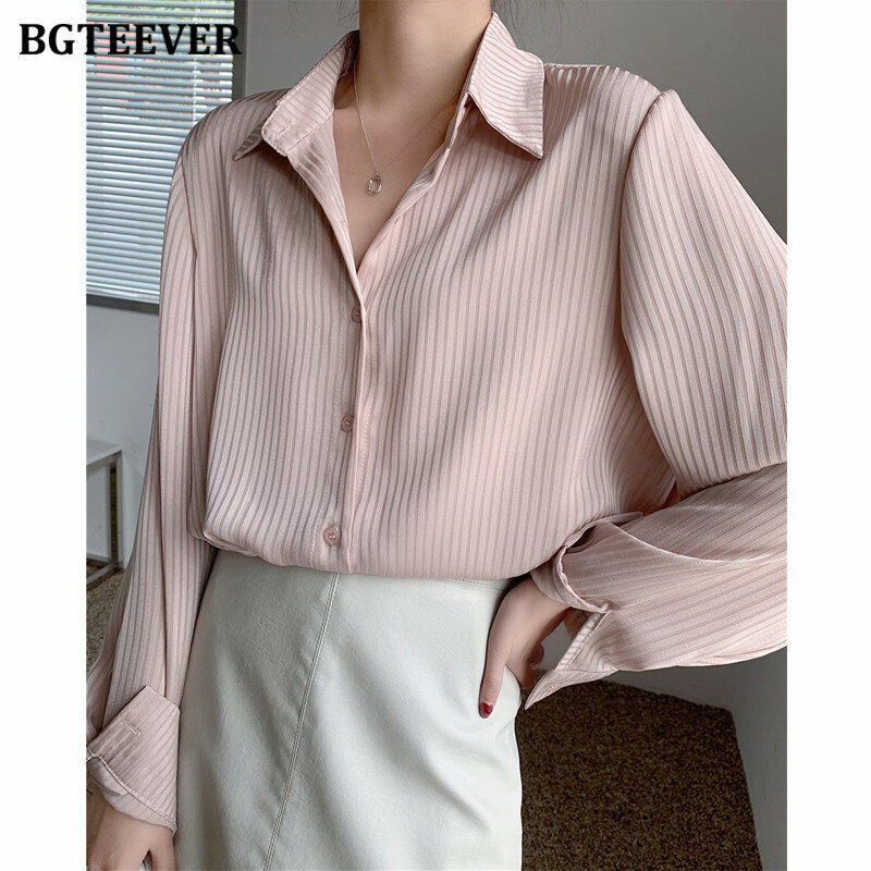 بلوزات نسائية مخططة ومخططة للمكتب من BGTEEVER قمصان نسائية فضفاضة بأكمام طويلة بلوزات سيدات ربيعية أنيقة 2021