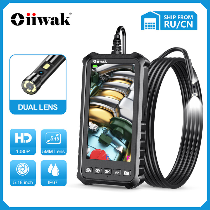 Oiiwak 5 مللي متر المزدوج عدسة المنظار كاميرا صغيرة 5.18 "IPS 1080P IP67 مقاوم للماء ثعبان منظار فحص كاميرا 32 جيجابايت المجاري السباكة