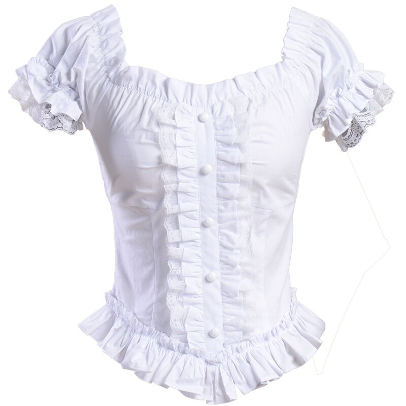 الصيف النساء Vintage القمصان القوطية قصيرة الأبيض الفيكتوري القمم مطوي الدانتيل ضمادة قميص القطن السيدات لوليتا بلوزة زي