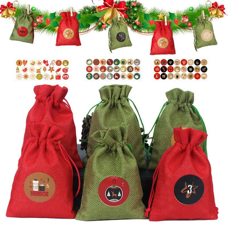 عيد الميلاد تقويم القدوم العد التنازلي حقيبة كيس حقيبة هدايا معلقة مع مقاطع ملصقات 24 قطعة 2021 عيد الميلاد تقويم القدوم أكياس