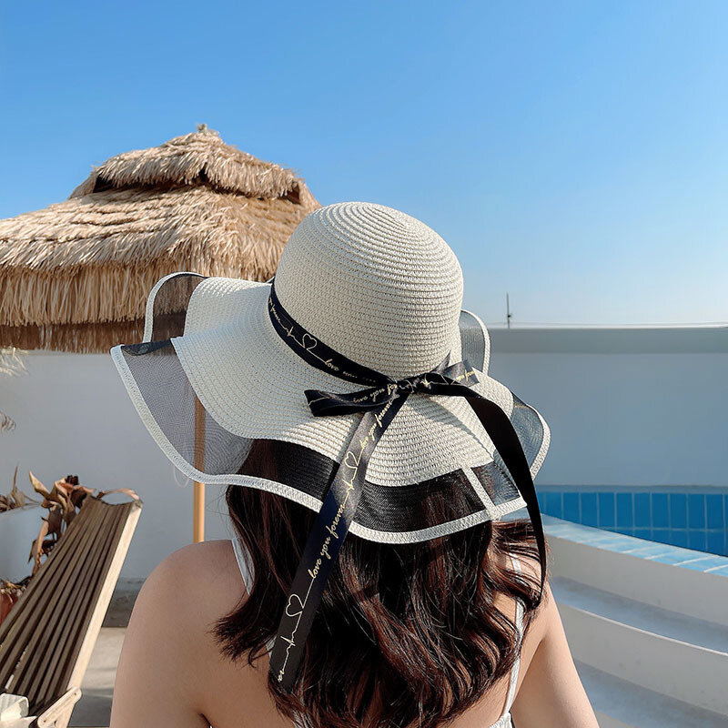 جديد قبعة من القش بحافة عريضة الدانتيل قبعات الشاطئ النساء أزياء السيدات الصيف UV حماية طوي الشمس الظل قبعة قبعة الشمس