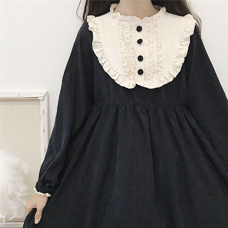 2020 اليابانية لوليتا نمط الخريف الشتاء النساء فستان مكشكش طوق أسود القوطية فستان لطيف Kawaii الكشكشة تأثيري اللباس مع