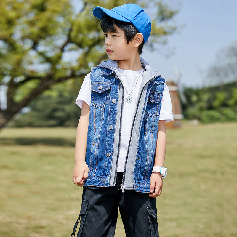 سترة جينز زرقاء للأطفال مع غطاء رأس ، صدرية جينز بدون أكمام للأطفال ، موضة صبي مراهق ، تصميم علامة تجارية ، معطف خروج 90-42
