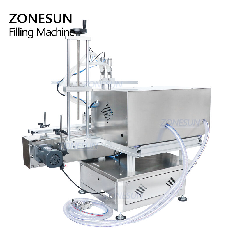 ZONESUN-آلة تعبئة السوائل الأوتوماتيكية لسطح المكتب ، وجهاز تعبئة زجاجات برأس مزدوج للشامبو وعصير الجل مع ناقل سلسلة