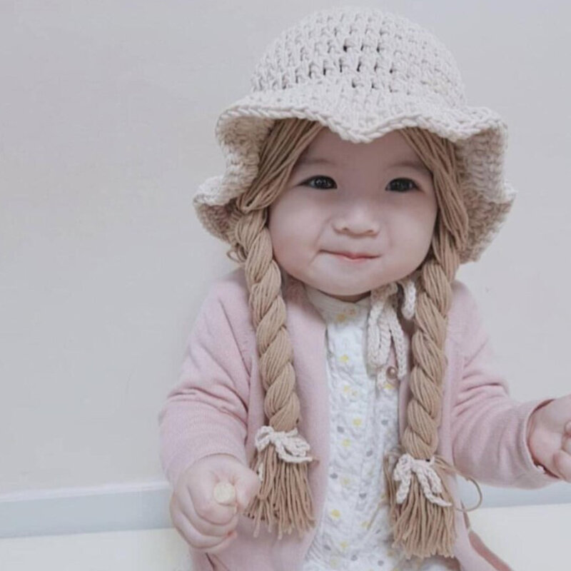 لينة الدافئة الطفل الأطفال محبوك قبعة شعر مستعار لطيف كبير جديلة الاطفال الفتيات الفتيان الأميرة قبعة عيد ميلاد ملابس تنكرية للحفلات القبعات 48-52 سنتيمتر