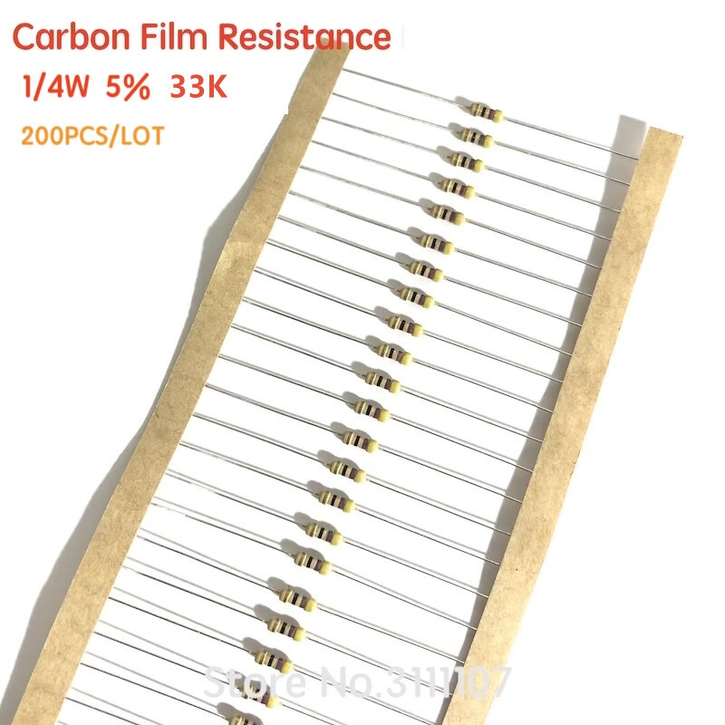 200 قطعة/الوحدة 33 كيلو أوم 1/4 واط الكربون فيلم المقاومات 5% خطأ اللون حلقة المقاومة 33 كيلو أوم 33KR