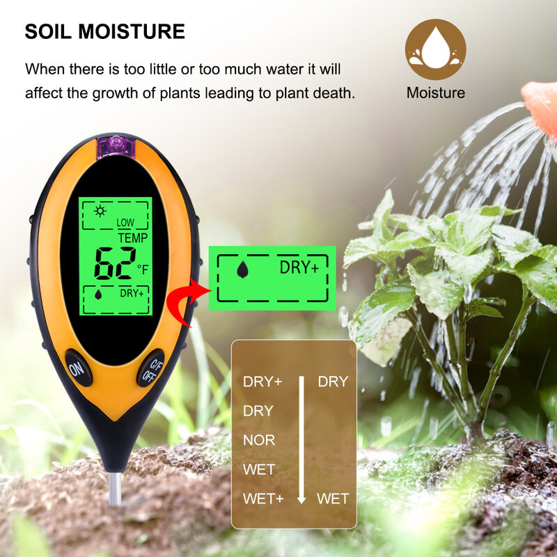 Yieryi الرقمية 4 في 1 التربة PH متر الرطوبة رصد درجة الحرارة أشعة الشمس تستر ل البستنة النباتات الزراعة مع Blacklight