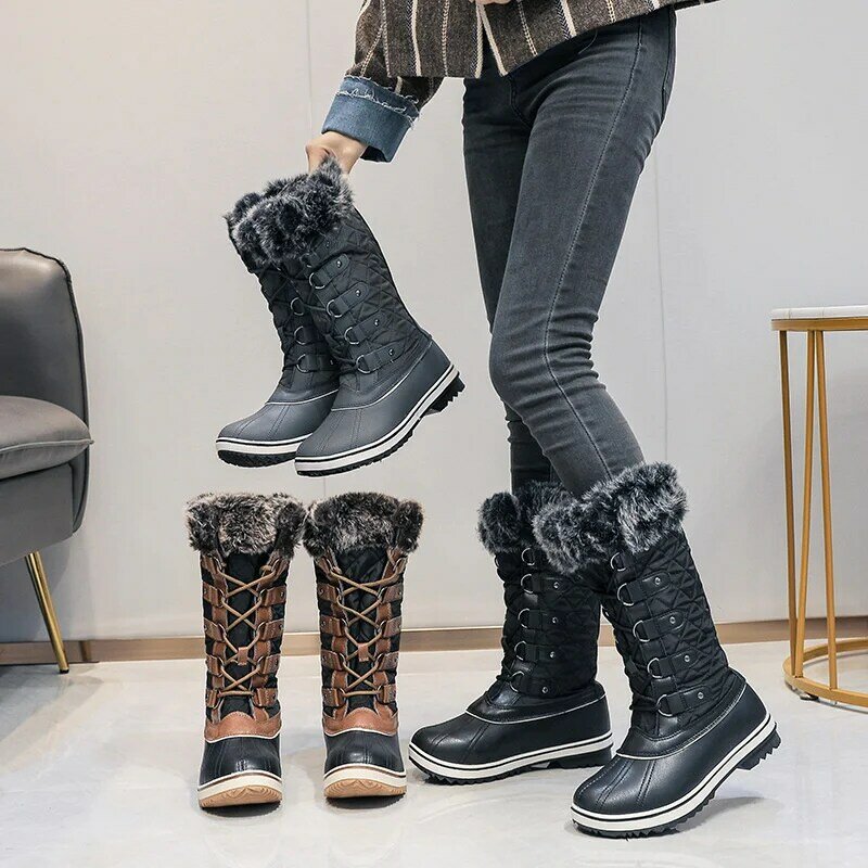 جديد 2023 الشتاء أحذية النساء الثلوج أحذية الشتاء الأحذية الدافئة سميكة الفراء عدم الانزلاق مقاوم للماء أحذية عالية أحذية امرأة كبيرة الحجم 36-42