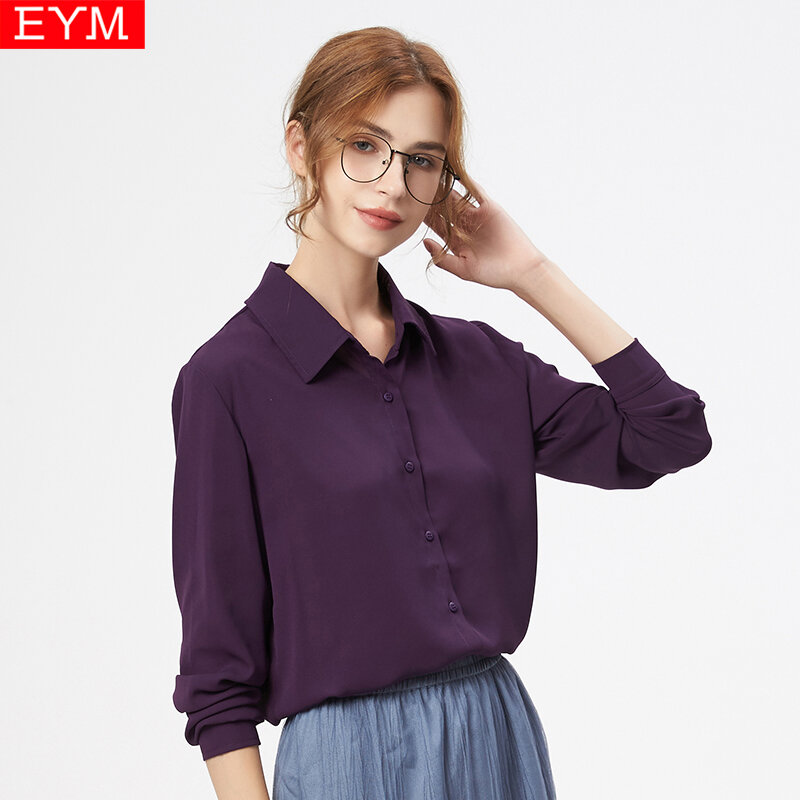 EYM العلامة التجارية تصميم بسيط نمط المرأة الشيفون قمصان و بلايز 2023 الخريف جديد سيدة عادية الصلبة كم طويل بلوزة بيضاء الملابس