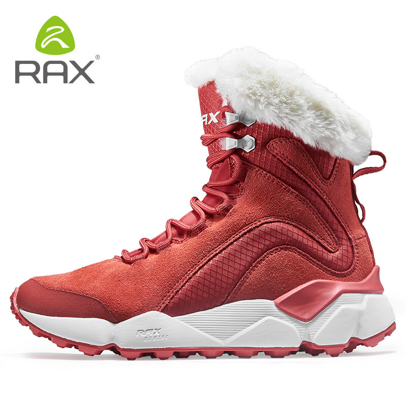 RAX الأحذية الجلدية الشتاء مع الفراء سوبر حذاء الثلج عالي الرقبة دافئ الشتاء العمل حذاء كاجوال أحذية رياضية عالية الجودة المطاط حذاء من الجلد الإناث