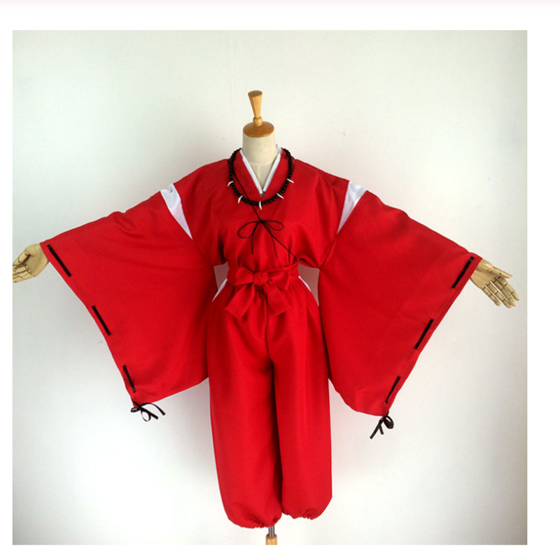 أنيمي اينوياشا تأثيري حلي الأحمر ثوب الكيمونو الياباني رجل رداء زي الملابس مع آذان الباروكات وقلادة لحزب هالوين