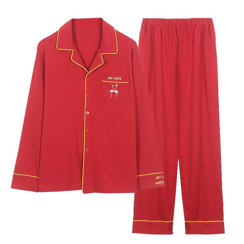 ربيع الخريف بيجامة Sets100 ٪ القطن عادية كم طويل ملابس خاصة الأحمر المنزل ارتداء L-4XL منامة مريحة للرجال