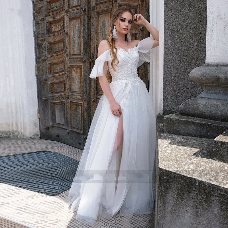 فستان زفاف أبيض على شكل قلب مزين بالدانتيل ذو فتحة عالية من الأورجانزا وأكمام طويلة على الأرض فستان العروس De Mariee وصل حديثًا
