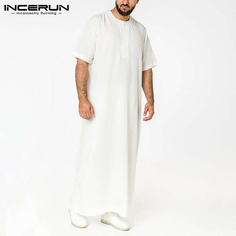 فستان رجالي بلون سادة على الطراز السعودي ، فستان جوبا ثوب رجالي عتيق بأكمام قصيرة ورقبة دائرية ، ملابس إسلامية عربية إسلامية 5XL INCERUN
