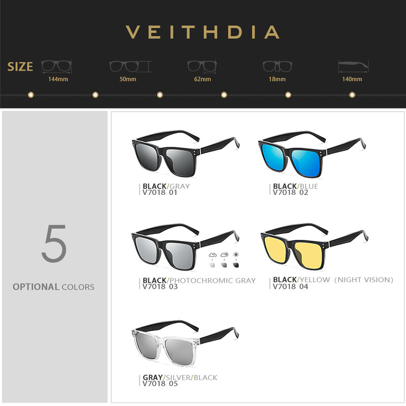 VEITHDIA موضة للجنسين نظارات شمسية فوتوكروميك الاستقطاب UV400 النظارات الشمسية الرجال النساء الكلاسيكية نظارات رياضية للذكور 7018