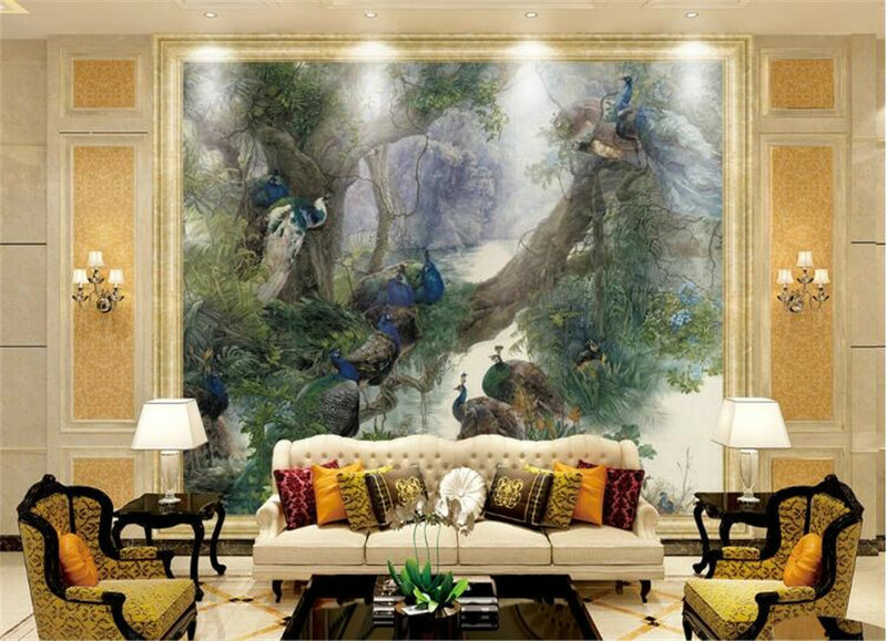 Milofi-خلفية صور مخصصة ثلاثية الأبعاد ، جدارية غير منسوجة على الطراز الصيني ، غرفة معيشة ، غرفة نوم ، طاووس ، غابة
