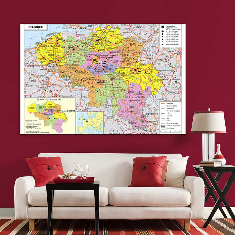 5*3 أقدام بلجيكا المرور Map خريطة في الفرنسية الجدار ملصق فني غير المنسوجة قماش اللوحة ديكور المنزل اللوازم المدرسية
