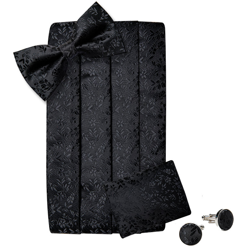 قسط الحرير الرجال Cummerbund قبل تعادل ربطة القوس فيونكة أزرار أكمام جيب صندوق هدية مربع مجموعة أسود قابل للتعديل حفل زفاف حزام سهرة