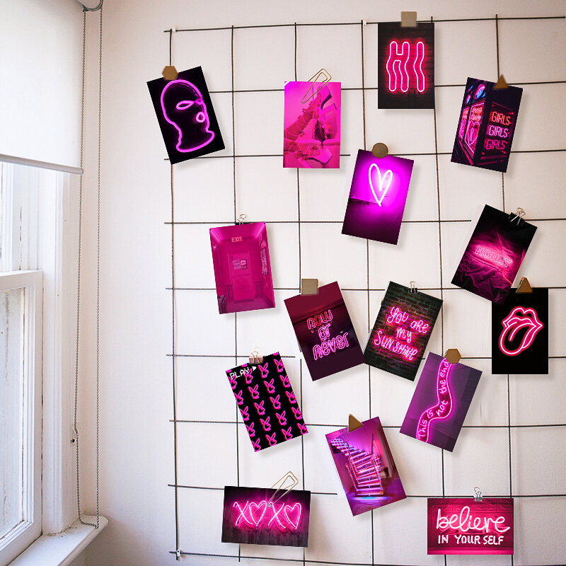 50 قطعة الوردي النيون الجمالية جدار مجموعة الفن التصويري غرفة نوم المعيشة المنزل الديكور الملصقات الدافئة اللون حلية صور هدية للكبار