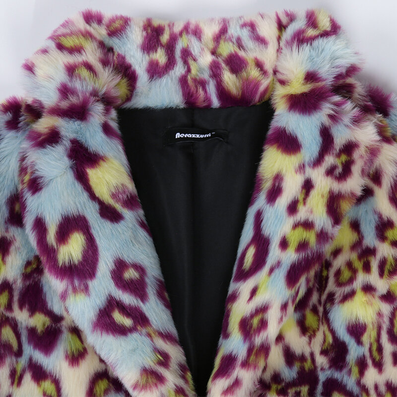 معطف نيرازوري متعدد الألوان طويل ملون بطبعة الفهد من الفرو الصناعي للنساء دافئ سميك ملابس عصرية شتوية موضة 2022 5xl 6xl 7xl