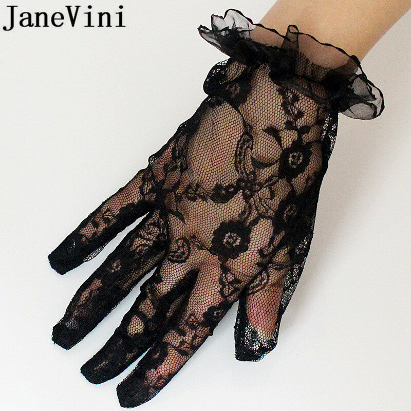 JaneVini-قفازات سهرة من الدانتيل الأسود ، قفازات كاملة الأصابع ، شفافة ، بطول المعصم ، مثالية لحفلات الزفاف