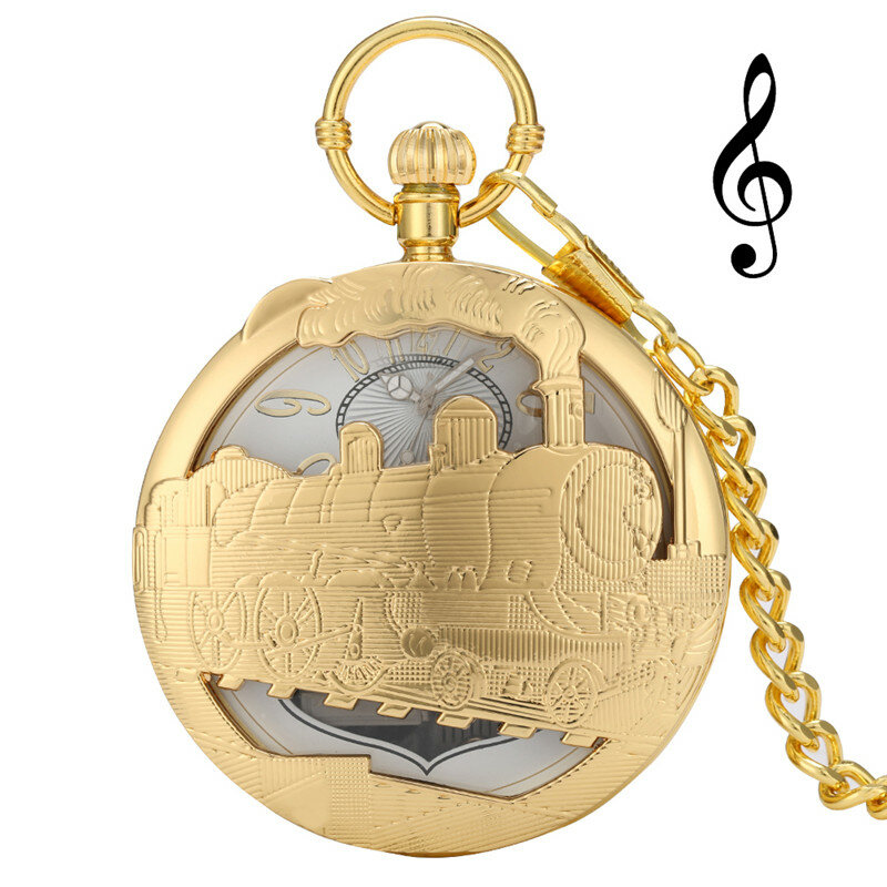 Steampunk الموسيقية ساعة الجيب الذهبي الجوف خارج قطار تصميم سوان بحيرة لعب الموسيقى قاطرة كوارتز ساعات قلادة سلسلة