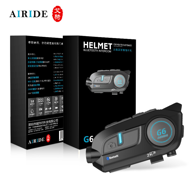AiRide G6 2K الترا HD كاميرا النسخة الصينية و الصينية صوت مسجل قيادة خوذة تحوي سماعة بلوتوث 6 الدراجين 800 متر