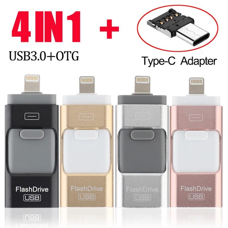 4 في 1 OTG USB فلاش حملة آيفون 16GB 32GB 64GB 128GB 256GB 512GB Pendrive usb3.0 مع نوع c محول