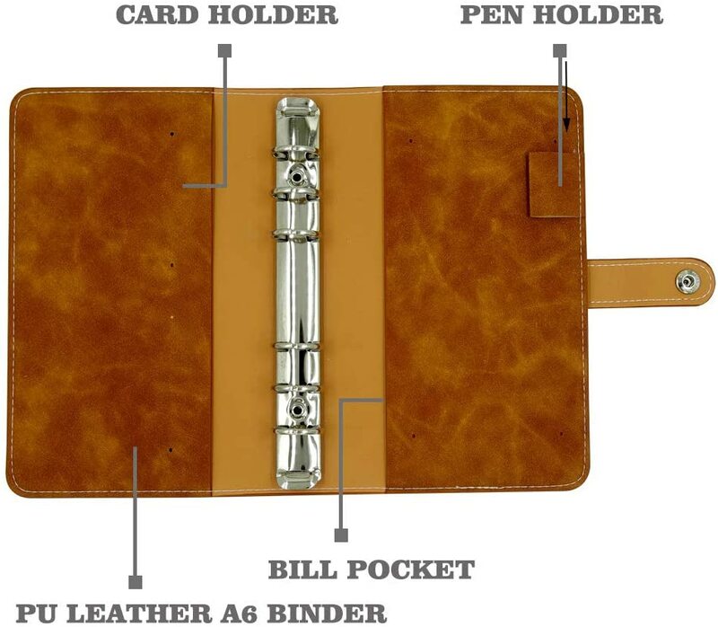 A6 الموثق بولي Leather الجلود مخطط الميزانية إعادة الملء 6 حلقات مستديرة الموثق غطاء دفتر مجلد مع 12 قطعة من البلاستيك الشفاف المغلفات