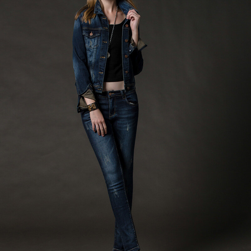 طقم جينز نسائي على الطراز الكوري ، ملابس غير رسمية من قطعتين مع ياقة مطوية