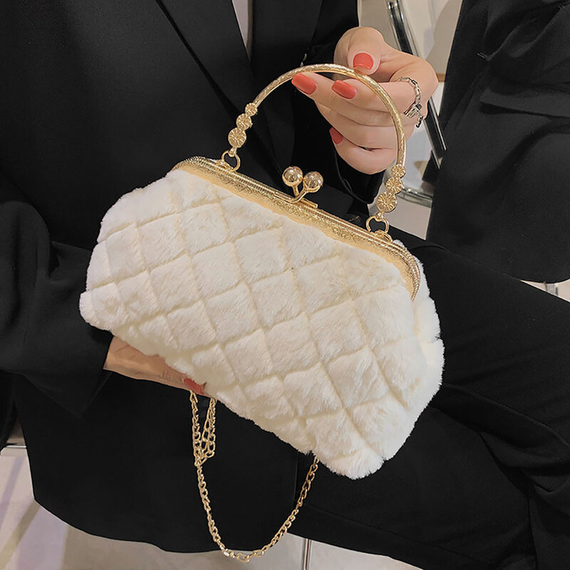 خريف شتاء فو الفراء سلسلة حقيبة الماس Lattic أفخم المرأة حقيبة يد خمر السيدات Crossbody حقائب كتف حقائب اليد الإناث