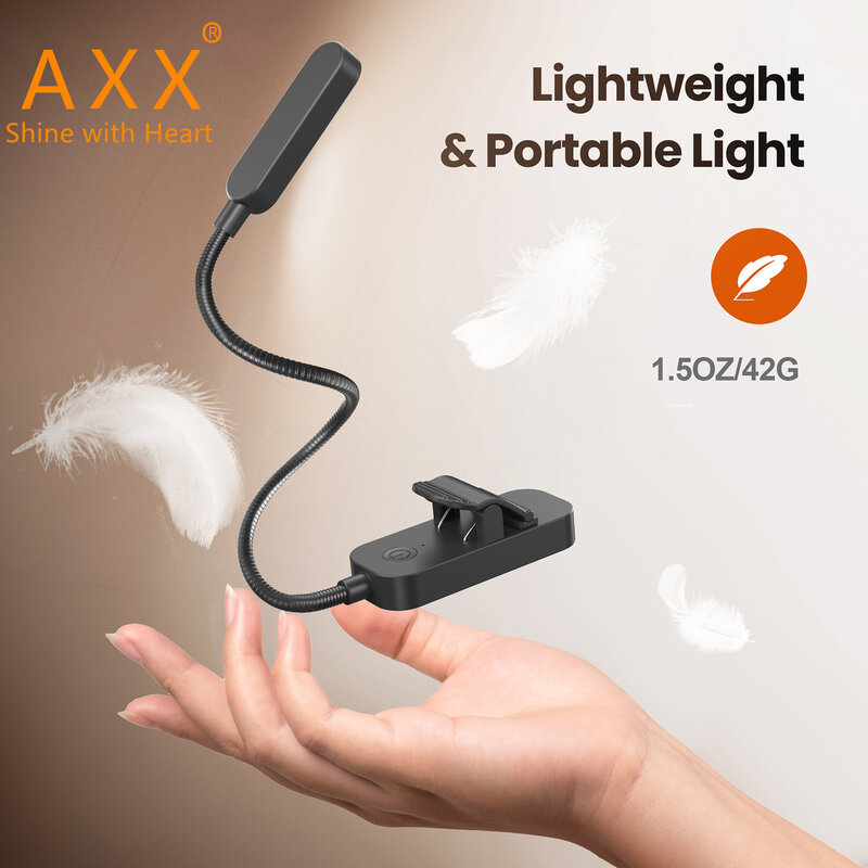 AXX Clip Book Light 1700K كهرماني للقراءة للسرير قابل لإعادة الشحن مصباح بمشبك للأطفال تعمل بالبطارية مصابيح LED صغيرة لحماية العين للطلاب الليلي ضوء دافئ ناعم للقراءة بجانب السرير وغرفة النوم ورحلة تخييم للسفر