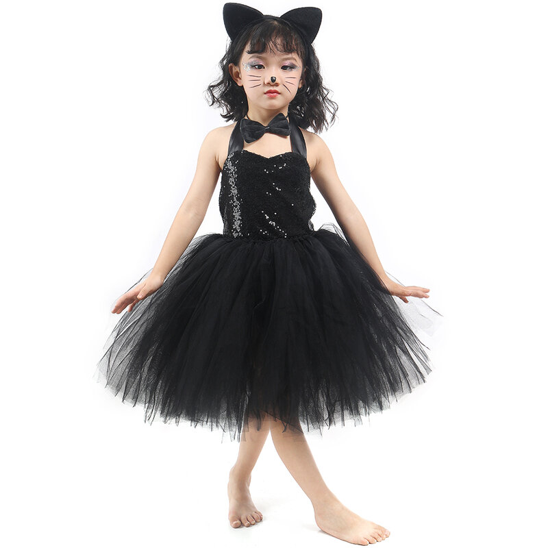 لطيف أسود القط توتو فستان طفل الفتيات فساتين لحفلات عيد الميلاد طفل أطفال هالوين ازياء الأطفال الحيوان تأثيري الزي الصلبة الأسود