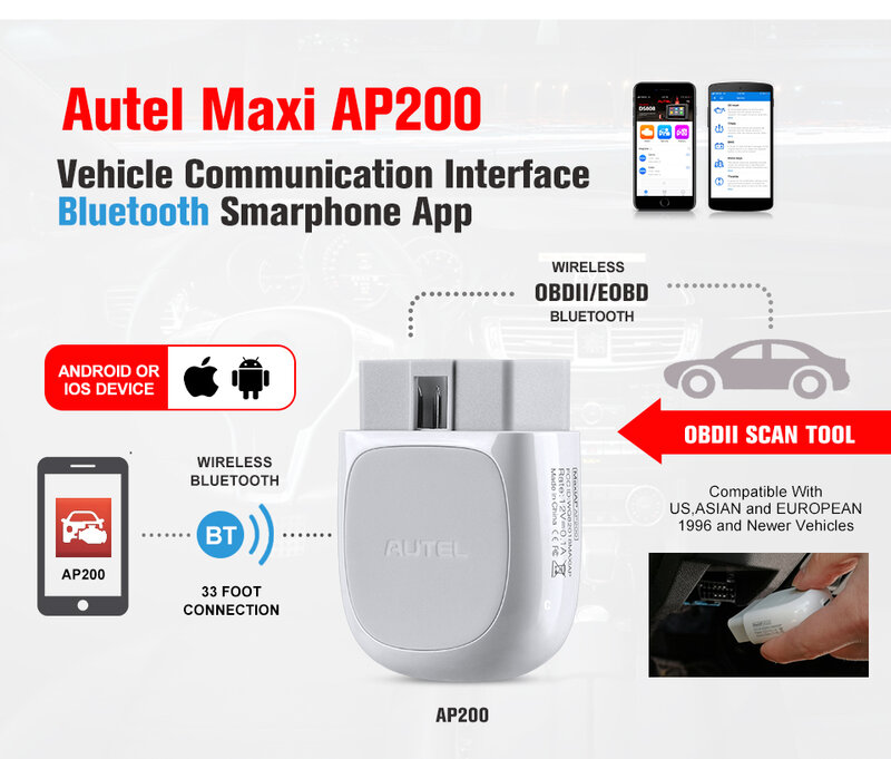Autel AP200 متوافق مع بلوتوث OBD2 الماسح الآلي أداة نظام كامل رمز القارئ سيارة أداة تشخيصية
