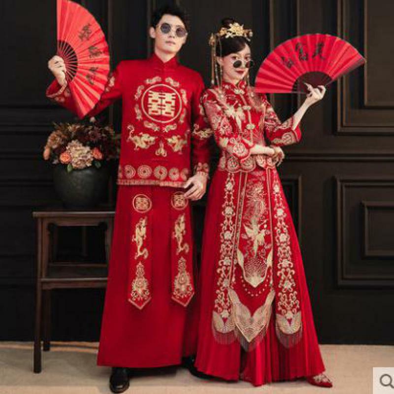 التطريز التنين فينيكس الصينية التقليدية زوجين الزفاف دعوى شيونغسام أنيقة العروس خمر تشيباو فستان رائع الملابس