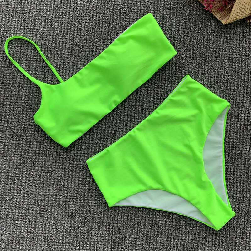 بكيني مثير بكتف واحد من JyoJyo موضة 2021 ملابس سباحة بنقشة نيون أخضر بخصر عالٍ ملابس سباحة نسائية للسباحة ملابس سباحة صيفية للسيدات