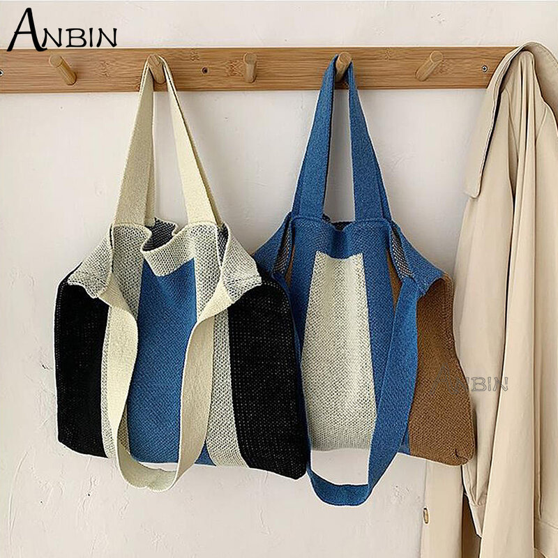 ANBIN الموضة الأصلي نمط المرأة مخطط حقيبة كتف سعة كبيرة قابلة لإعادة الاستخدام حقائب التسوق متماسكة السيدات الكلاسيكية اليد
