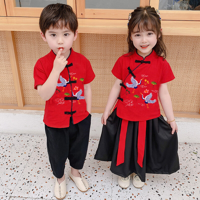 2 قطعة التقليدية الصينية السنة الجديدة ازياء ملابس للأطفال الربيع مهرجان تانغ دعوى فتاة الصبي مجموعات قصيرة الأكمام أعلى السراويل تنورة