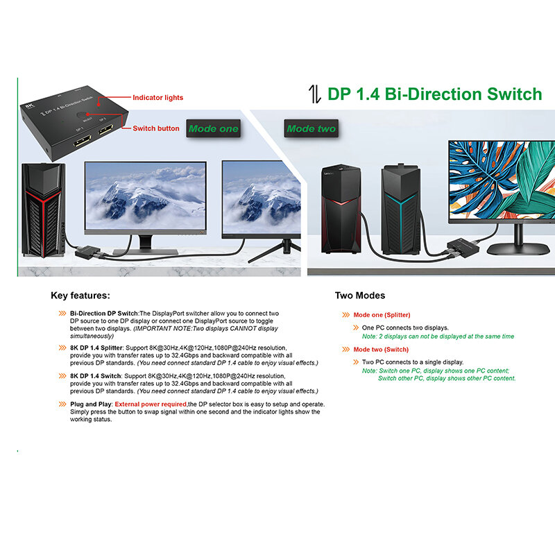 Displayport التبديل 2 منافذ ثنائية الاتجاه 1x2 / 2x1 DP1.4 الجلاد SplitterSupport 8K @ 30Hz ، 4K @ 120Hz ل PS4 Xbox HDTV