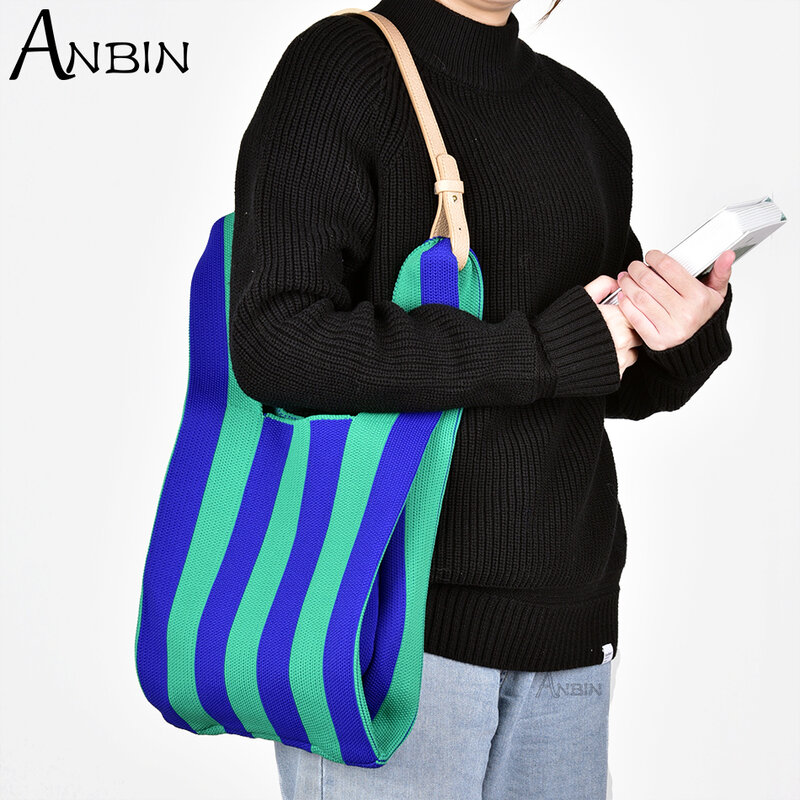 المرأة اليابانية عقدة اللون عادية واسعة شريط حقيبة يد الموضة محبوك حقيبة كتف طالب قدرة قابلة لإعادة الاستخدام التسوق حقيبة الرسغ