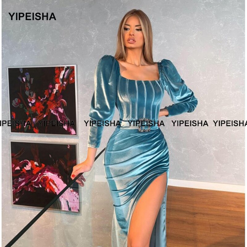 Yipeisha فستان سهرة مخملي طويل أنيق ورقبة مربعة فستان حفلات حورية البحر بأكمام طويلة وفتحة جانبية 2021