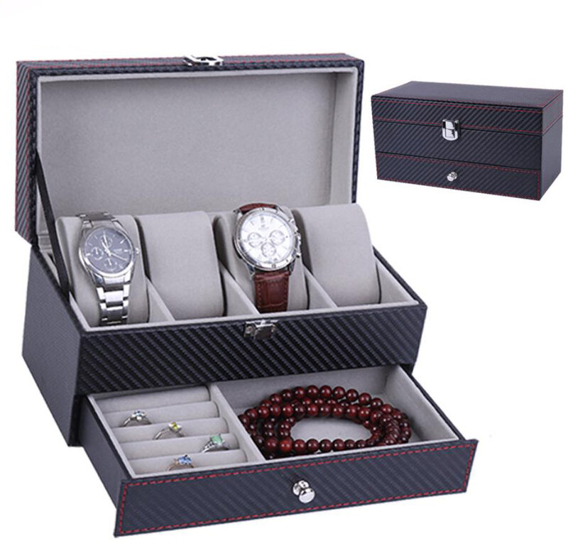 صندوق ساعة بو الجلود والمجوهرات المنظم السفر عرض الحال بالنسبة للرجال/النساء ، 4 فتحات المغناطيسي العلوي ، أسود